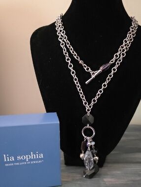 Lia Sophia Black and Silver Layered Pendant Necklace